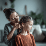 mamá revisando piojos en niños durante vacaciones
